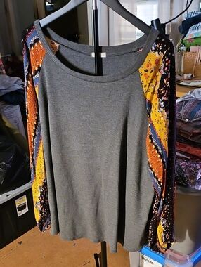 Gray Waffle Knit Long Sleeve Top with Yellow & Orange Patterned Raglan Sleeves